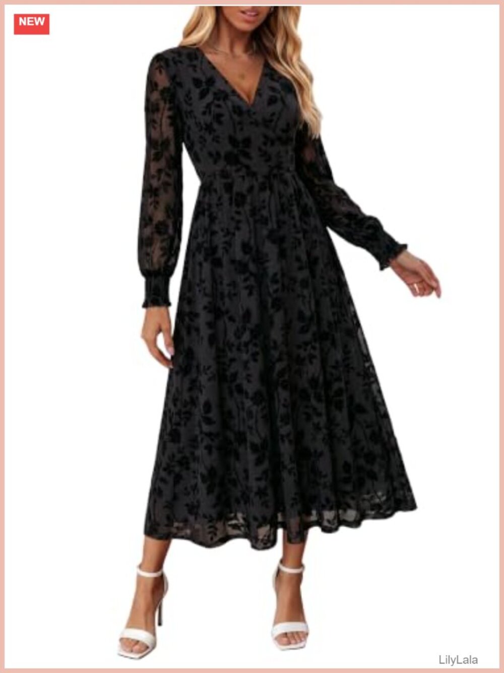 Womens Long Sleeve Floral Maxi Dress V-Neck A-Line Wedding Guest